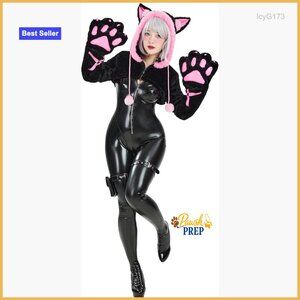 PU Leather Jumpsuit with Hoodie and Gloves, Size Large, Halloween Party